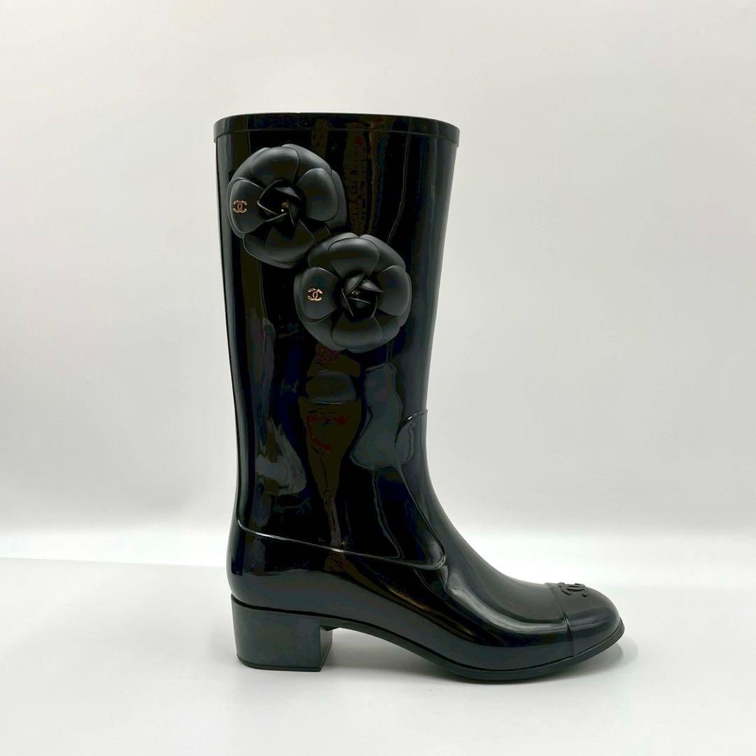 CHANEL シャネル ロングブーツ レインブーツ ブラック 黒 カメリア
