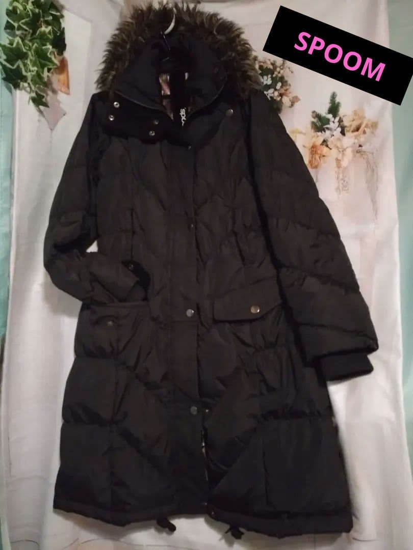 SPOOM★ロング ダウンコート Ｌサイズ★ブラック 美品★裏地総柄★オランダ製