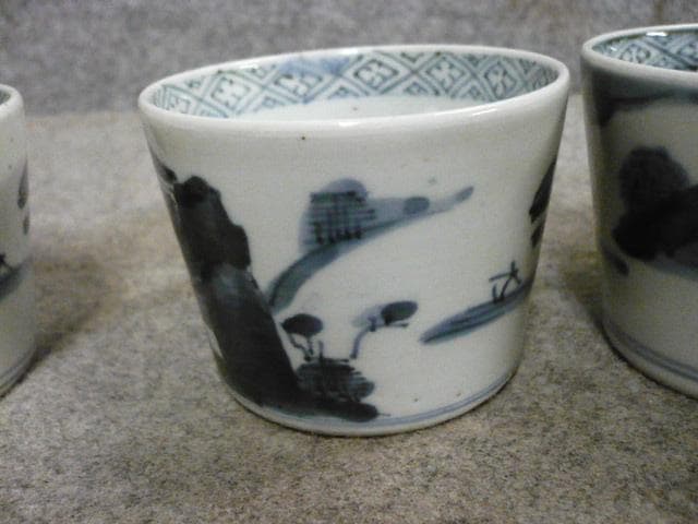 伊万里焼染付海辺風景図蕎麦猪口3個 [B31561]