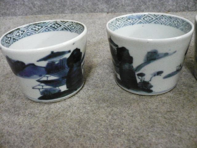 伊万里焼染付海辺風景図蕎麦猪口3個 [B31561]