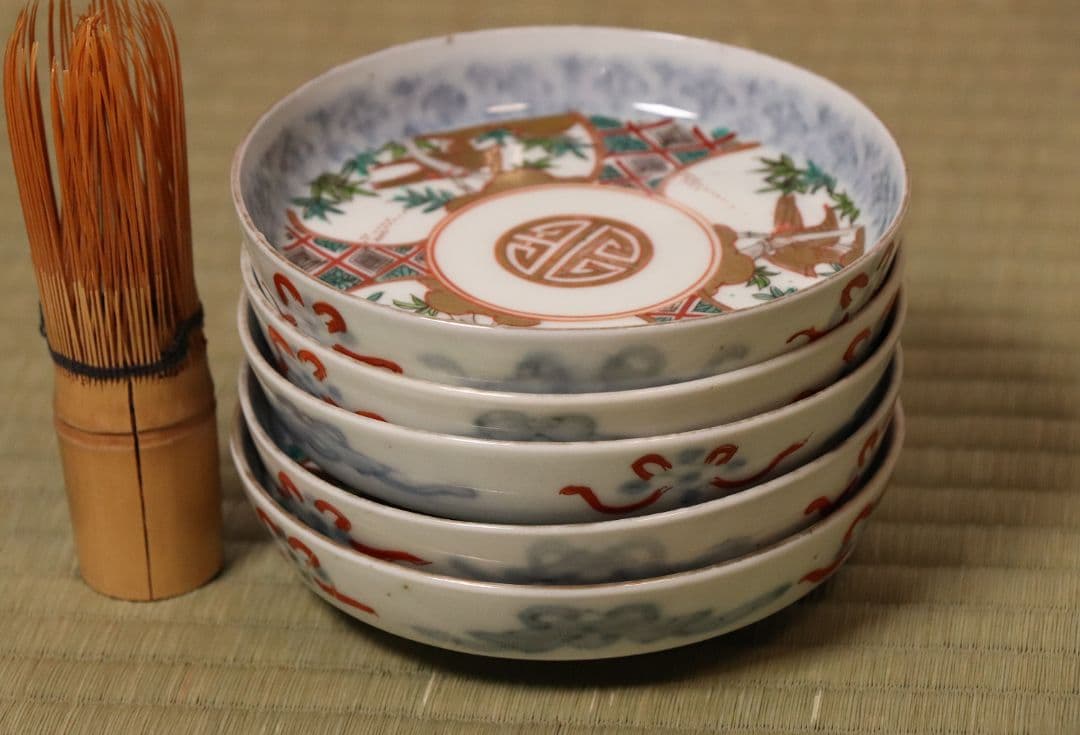 【CM18】古伊万里 竹鳥図 色絵 小皿 五客 11.9cm 小紋 錦手 金彩
