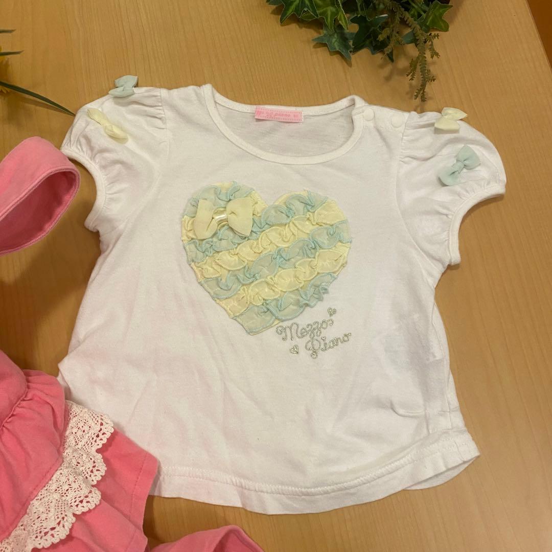 希少　メゾピアノ　ハート立体クマちゃんピンクワンピースロンパース半袖シャツセット