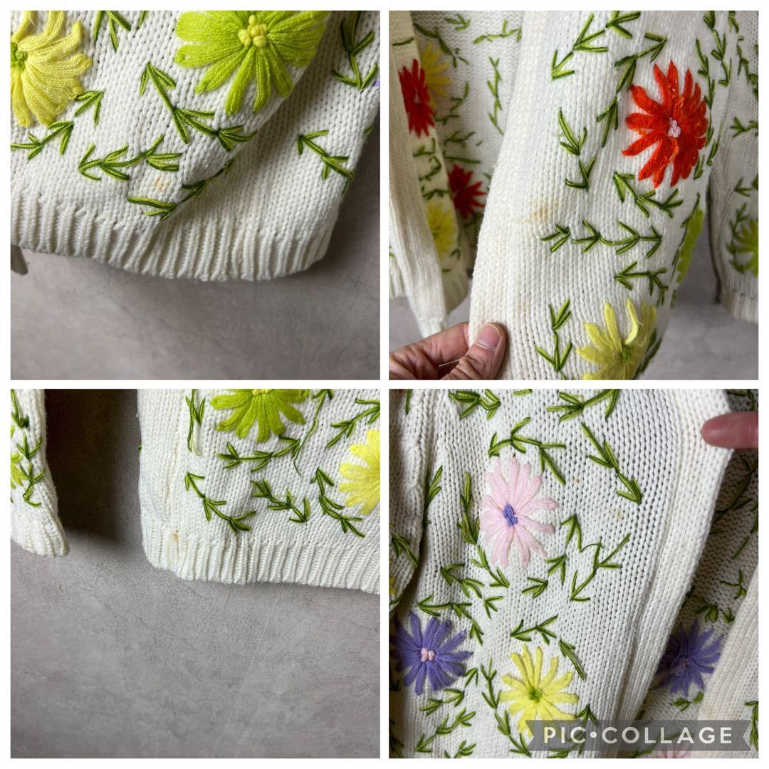 60s 70s USA古着 カラフル 花柄刺繍ニットカーディガン vintage