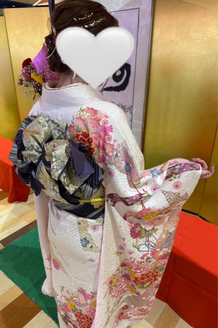 お振袖フルセット　7点セット　白地　成人式　M〜L
