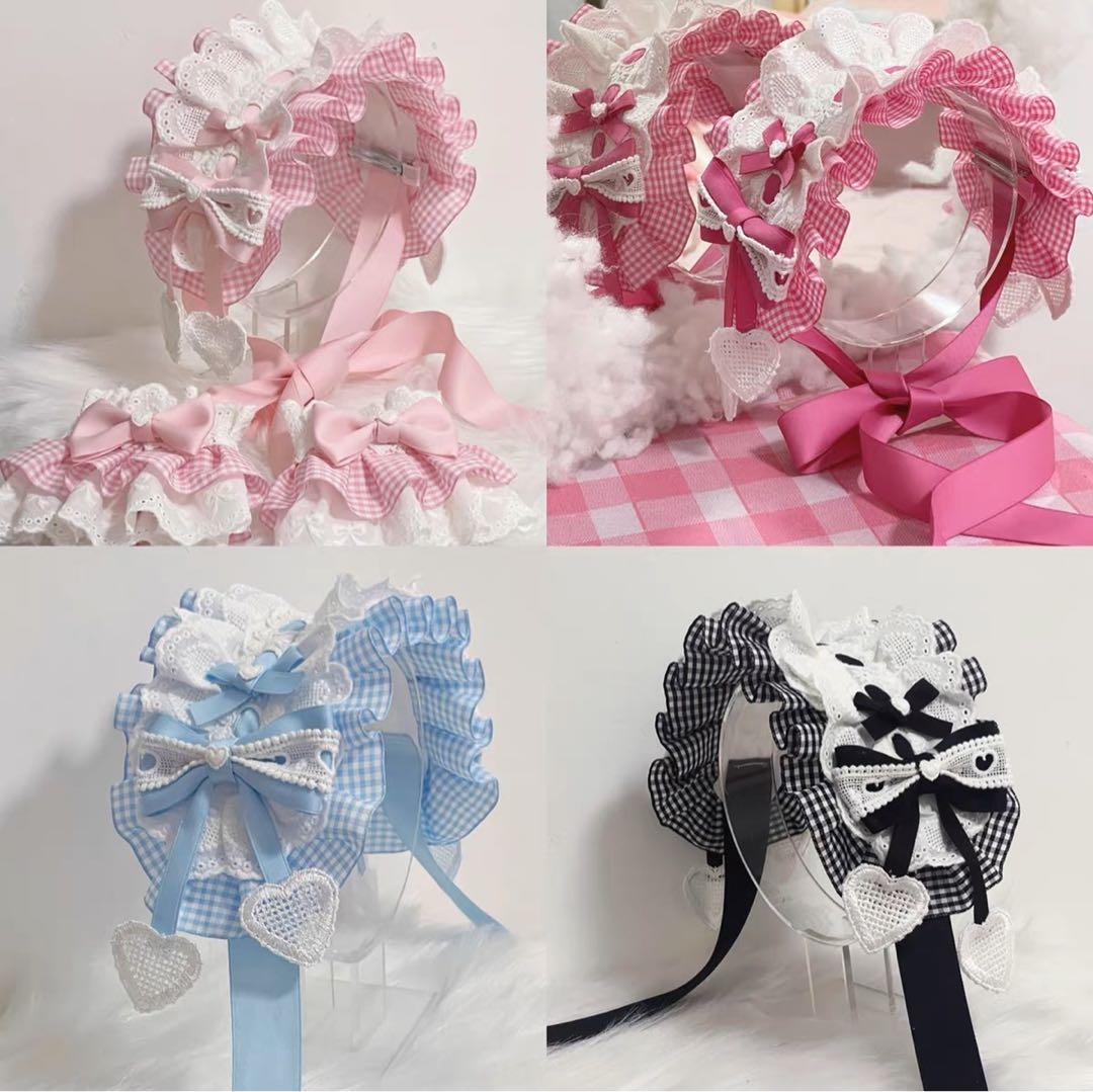 ♡ Candy チェック柄 フリルレースリボンヘッドドレス pink ♡