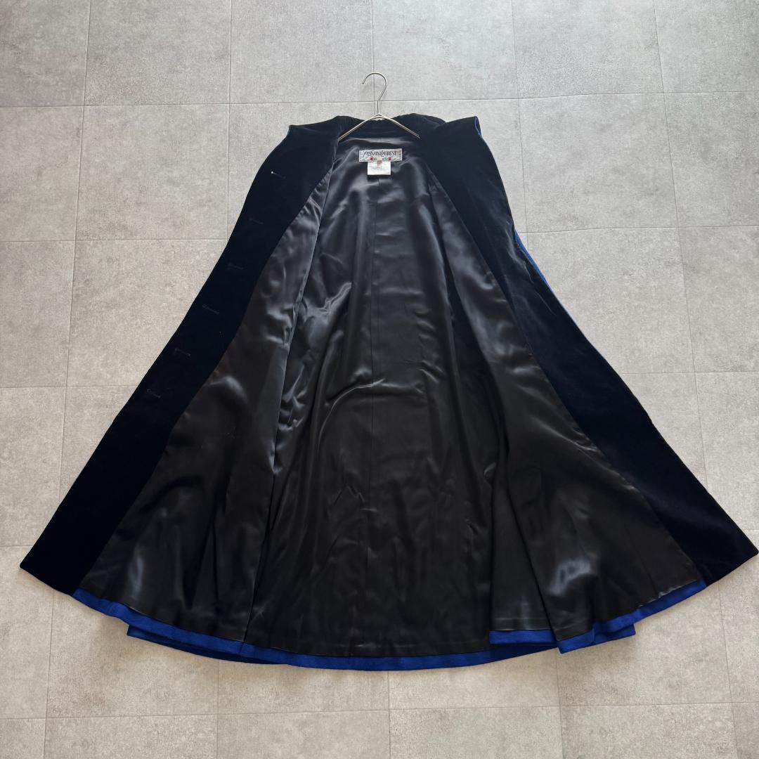 イヴサンローラン　ロングコート　ベロア切替　青　黒　36　フレア　Vintage