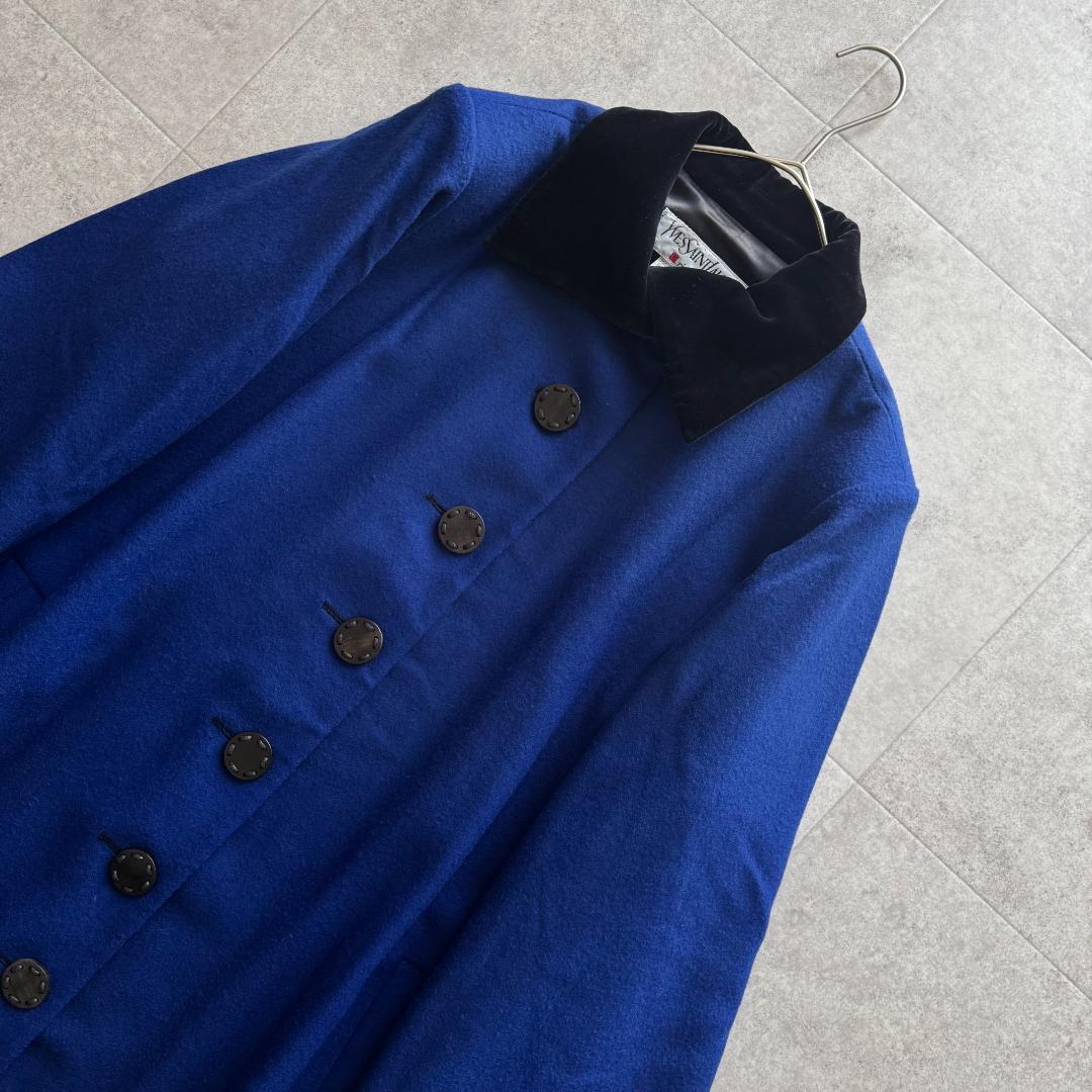 イヴサンローラン　ロングコート　ベロア切替　青　黒　36　フレア　Vintage