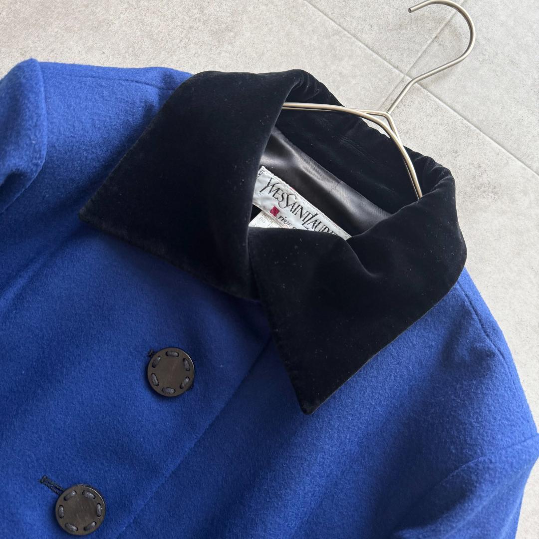 イヴサンローラン　ロングコート　ベロア切替　青　黒　36　フレア　Vintage
