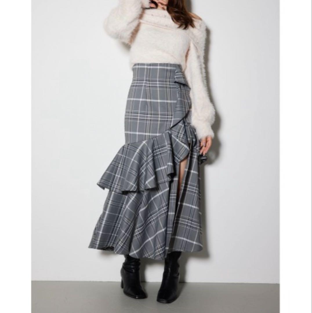 rienda チェックフリルスリットスコートショートパンツ グレー