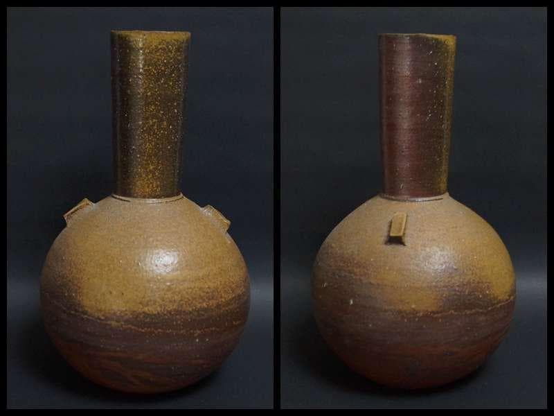 備前焼 窯変 大型天球瓶花器/飾り壺 作家物陶印あり 重さ3㎏茶道具★時代物★