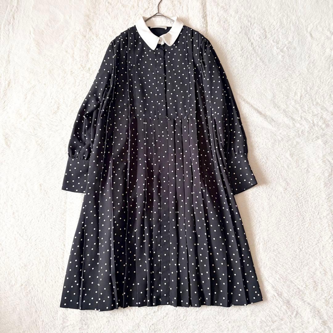 1473 美品✨ セルフォード Aラインドットプリーツワンピース ひざ丈 襟付き