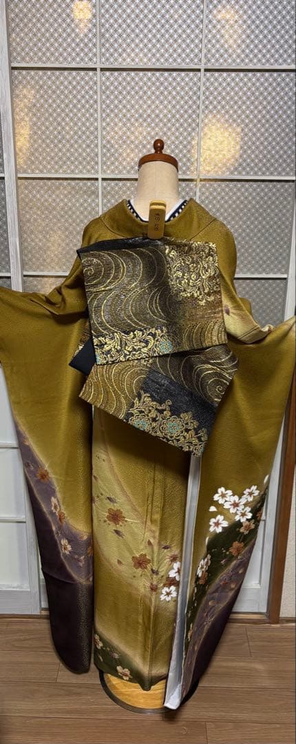 金茶×紫×深緑の美しい色合わせ／部分絞り入り／トールサイズ振袖 セット