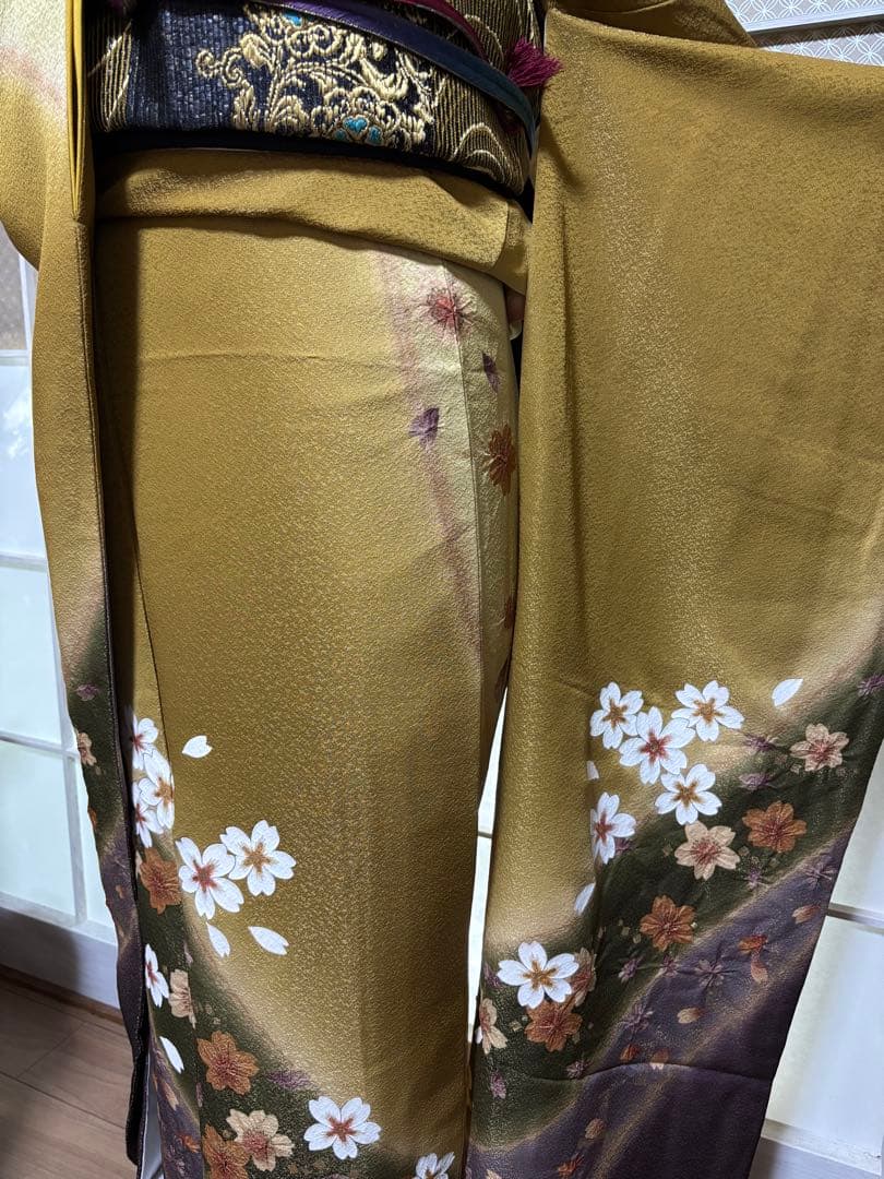 金茶×紫×深緑の美しい色合わせ／部分絞り入り／トールサイズ振袖 セット