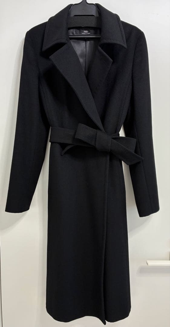 美品11号 イネドINED カシミヤ100%ラップ風チェスターコート黒フォーマル
