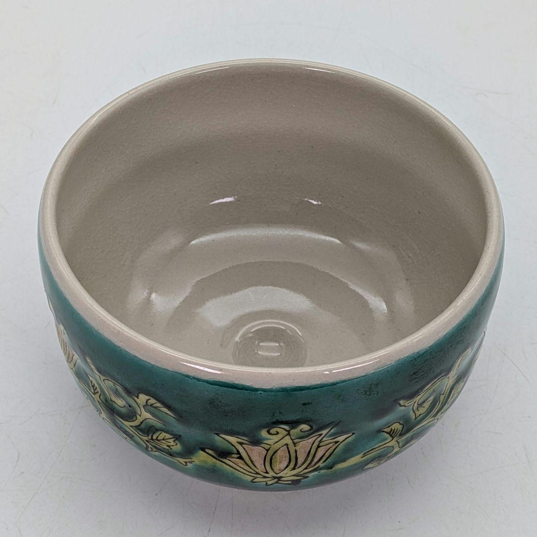 九谷廣仙 九谷焼 青手唐花草文茶盌 合箱合布 抹茶碗 抹茶茶碗 茶道具 茶器