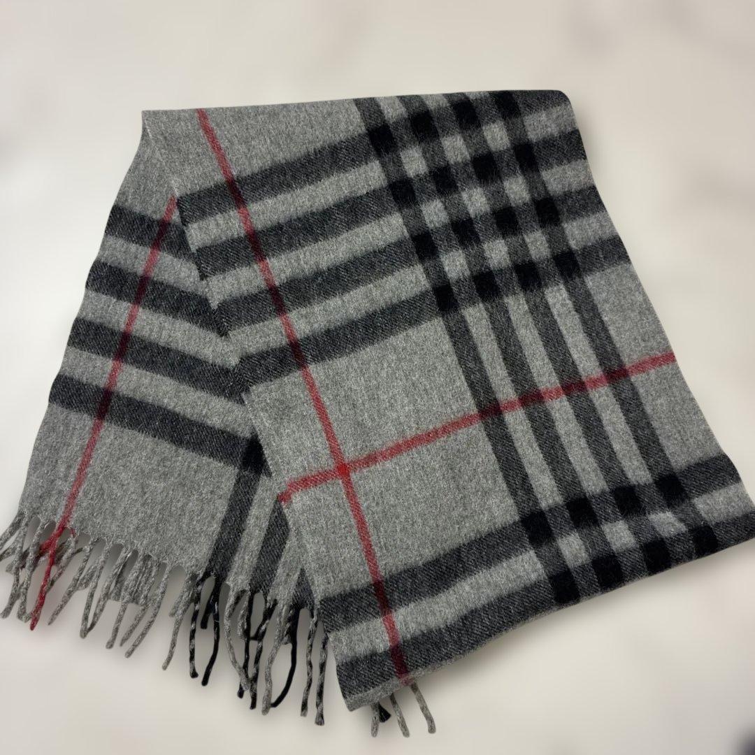 BURBERRY LONDON マフラー　グレー　チェック　黒　フリンジ