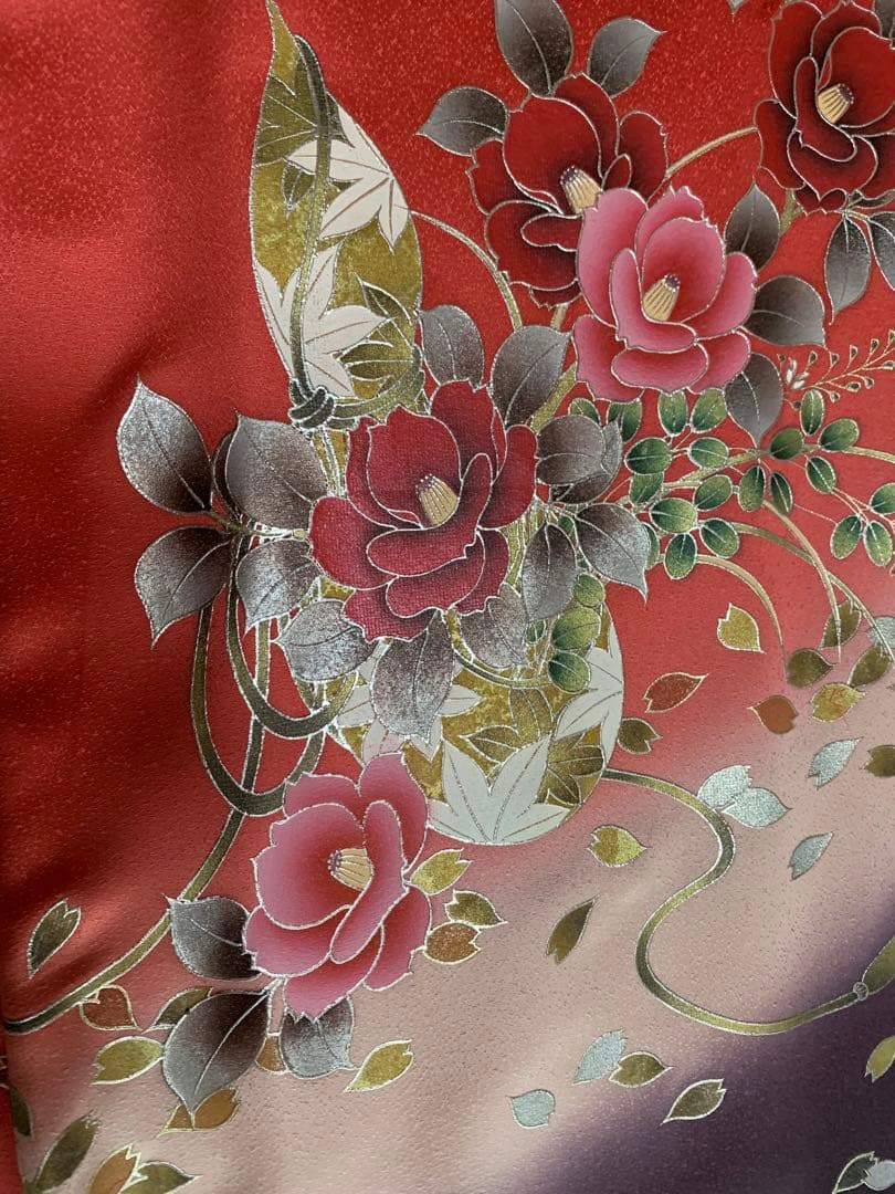 美品・正絹振袖　袋帯　長襦袢　セット 　　　　赤と紫 グラデーション 花柄