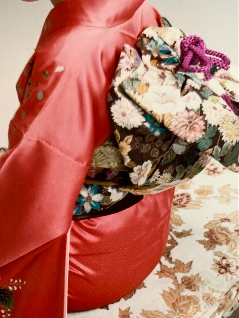 美品・正絹振袖　袋帯　長襦袢　セット 　　　　赤と紫 グラデーション 花柄