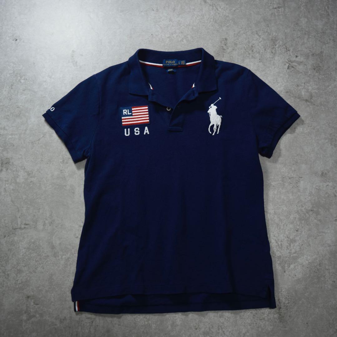 POLO RALPH LAUREN ビッグポニー 半袖ポロシャツ USA国旗 紺