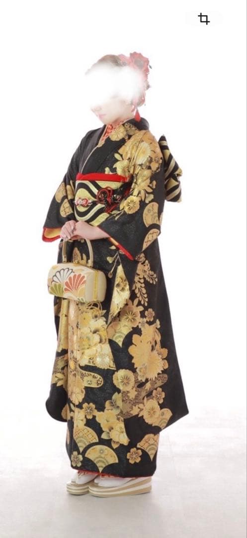 振袖着物 黒と金 花模様　フルセット