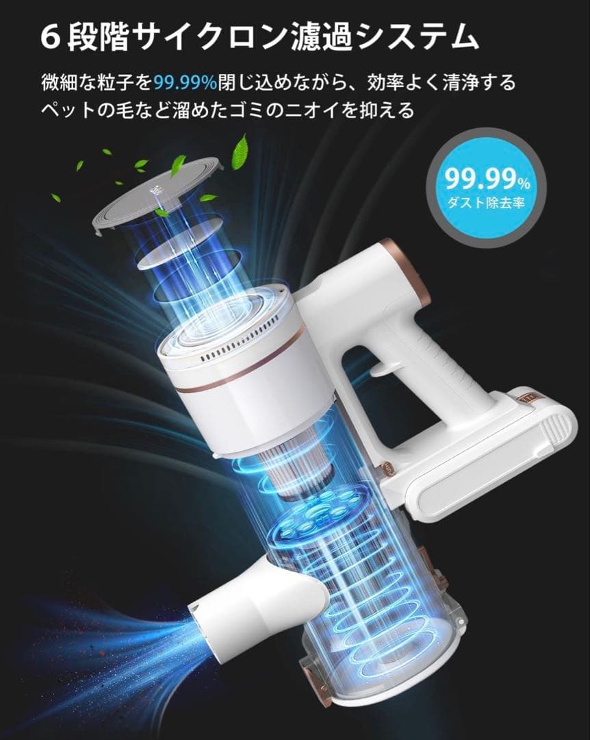 掃除機 コードレス65Kpa超強力吸引LEDライト＆2in1置くだけ充電スタンド