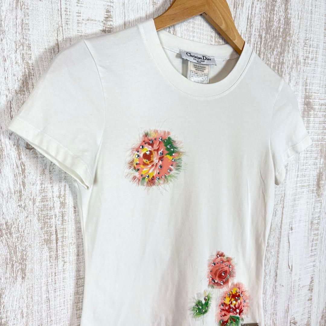 クリスチャンディオール ガリアーノ 花柄 ストーン ロゴプレート シルクTシャツ