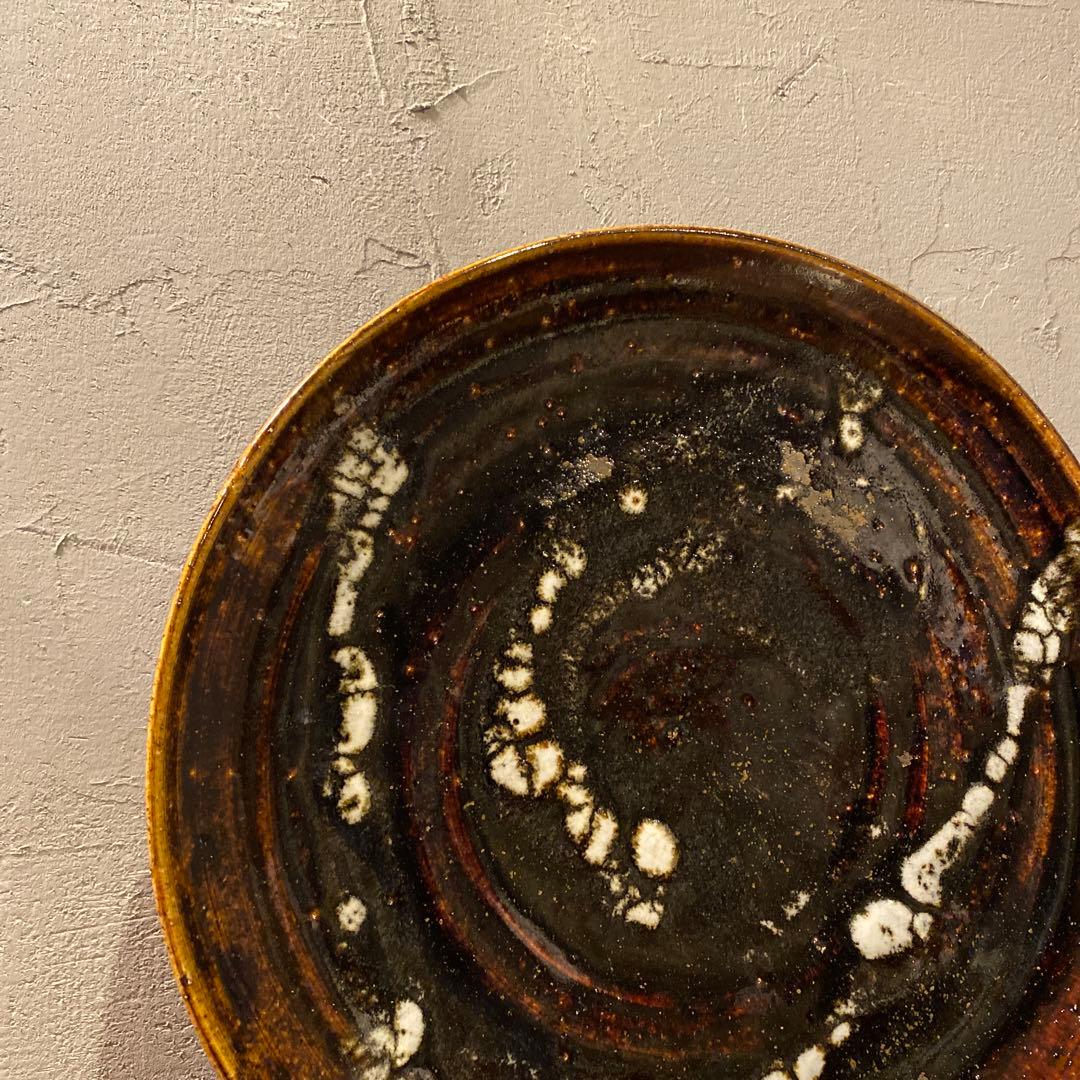 在銘 30cm大皿 黒釉 天目釉 仁作 骨董品 益子焼 時代物