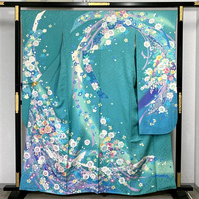 603z26〇京都きもの友禅 振袖 金通し 地紋 金駒刺繍 水色〇成人式 結婚式