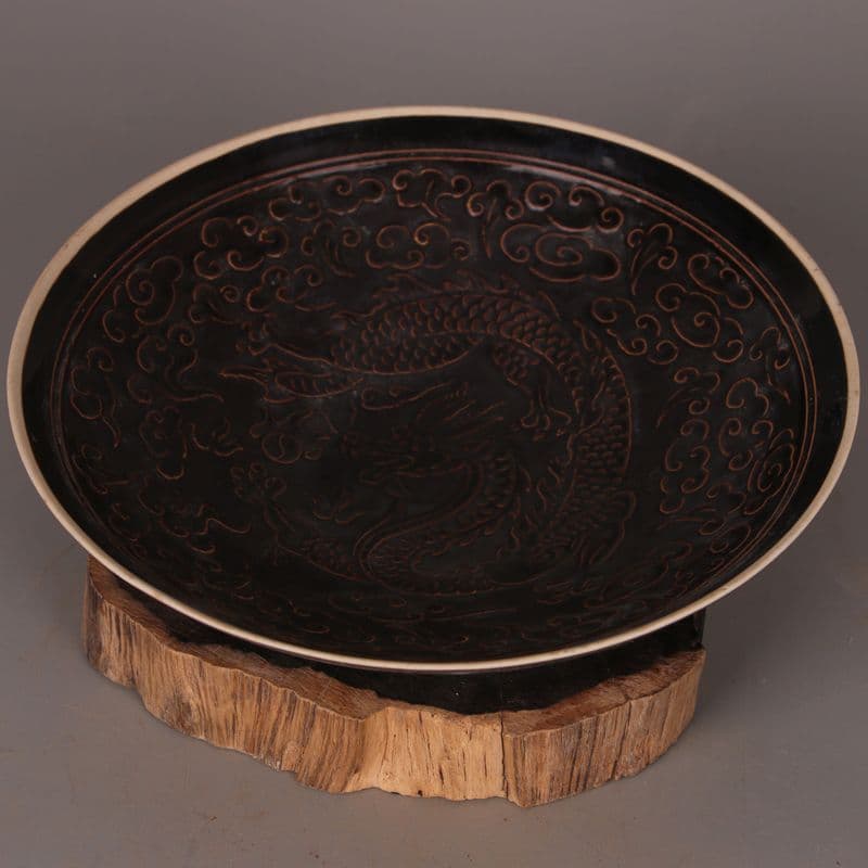 宋定窯彫刻竜紋盤 景徳鎮 陶磁器 装飾品 現代工芸品 美術品 置物