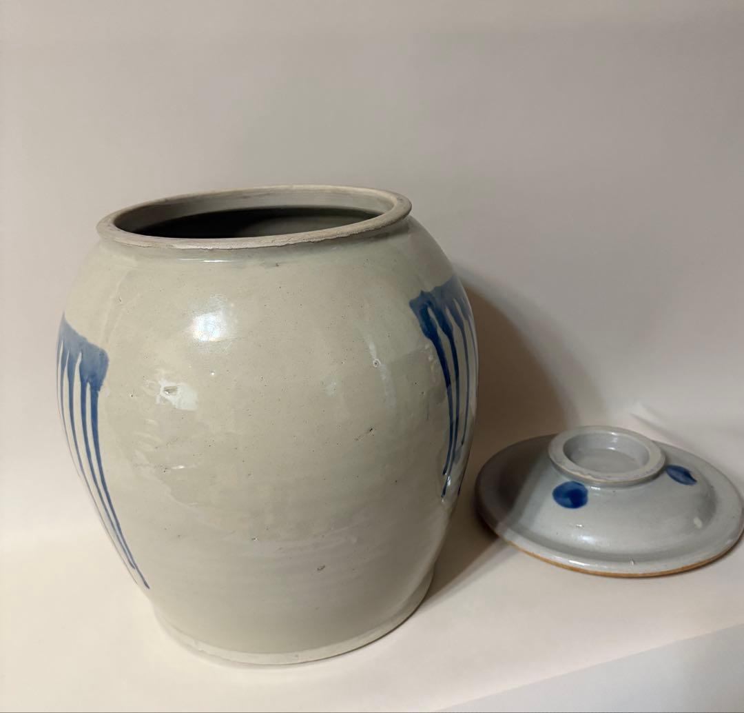石見焼 約 32cm 蓋付き 大壺 白釉灰白 呉須掛け 保存壺 梅干し
