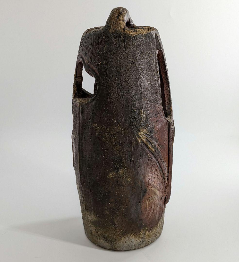松井陶仙 備前焼 透かし彫り手付花入 華道具 茶道具 花瓶 花器 フラワーベース