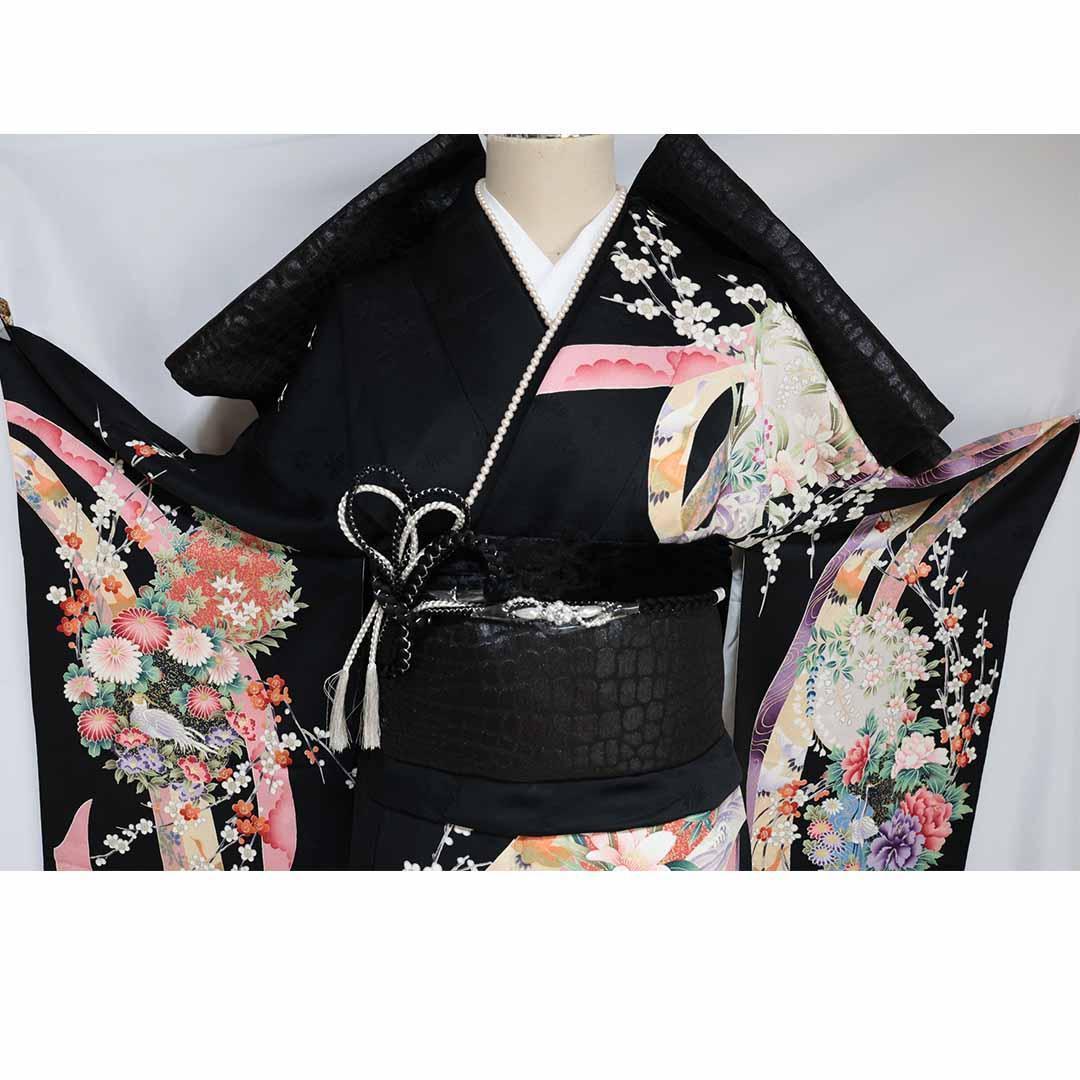 E*M様 振袖単体◆処分 特価【良好】■157.5cm■成人式前撮り正絹黒ブラッ