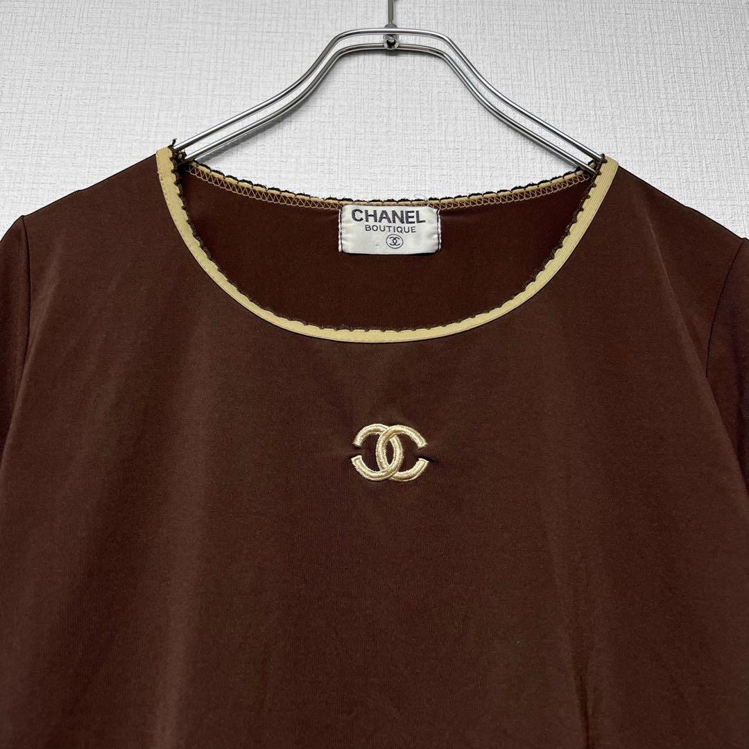 CHANEL シャネル ヴィンテージ ロゴ刺繍カットソー 半袖Tシャツ 茶色