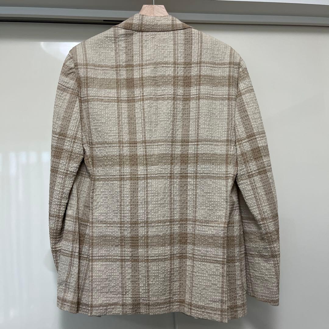 【美品】LARDINI 春夏テーラード リネン混 チェック ベージュ　46