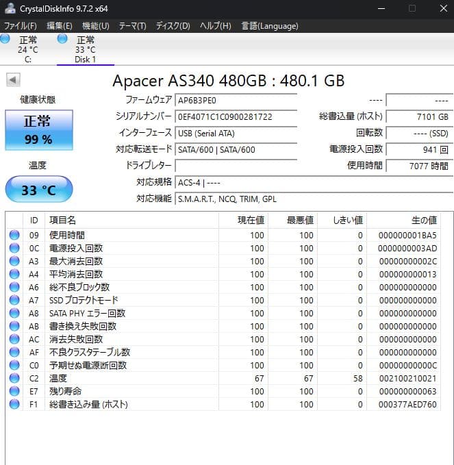 r*o様 Apacer AS340 480GB 2.5インチSSD
