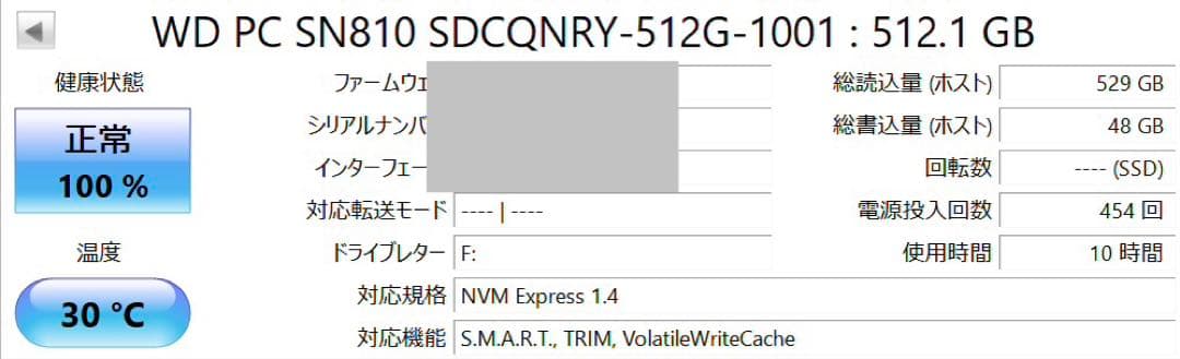 WD PC SN810 512GB NVMe SSD 使用時間10時間