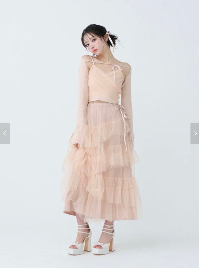スカート M me eme Side ribbon tulle long skirt