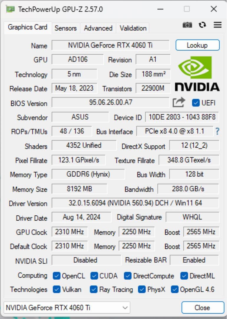 こ*う様 「中古動作品」 ASUS Dual RTX4060Ti OC 8GB
