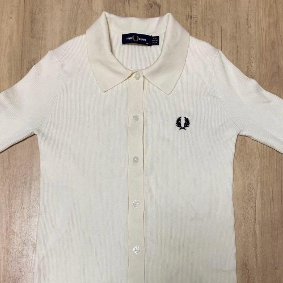 【美品】FRED PERRY ホワイト長袖ポロシャツ UK8