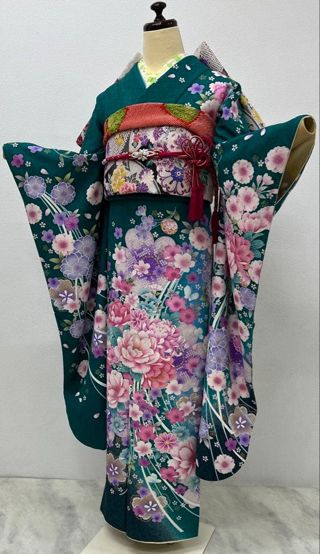 振り袖　フルセット　別誂長襦袢　成人式　エメラルド　金彩　刺繍　銀通し　766