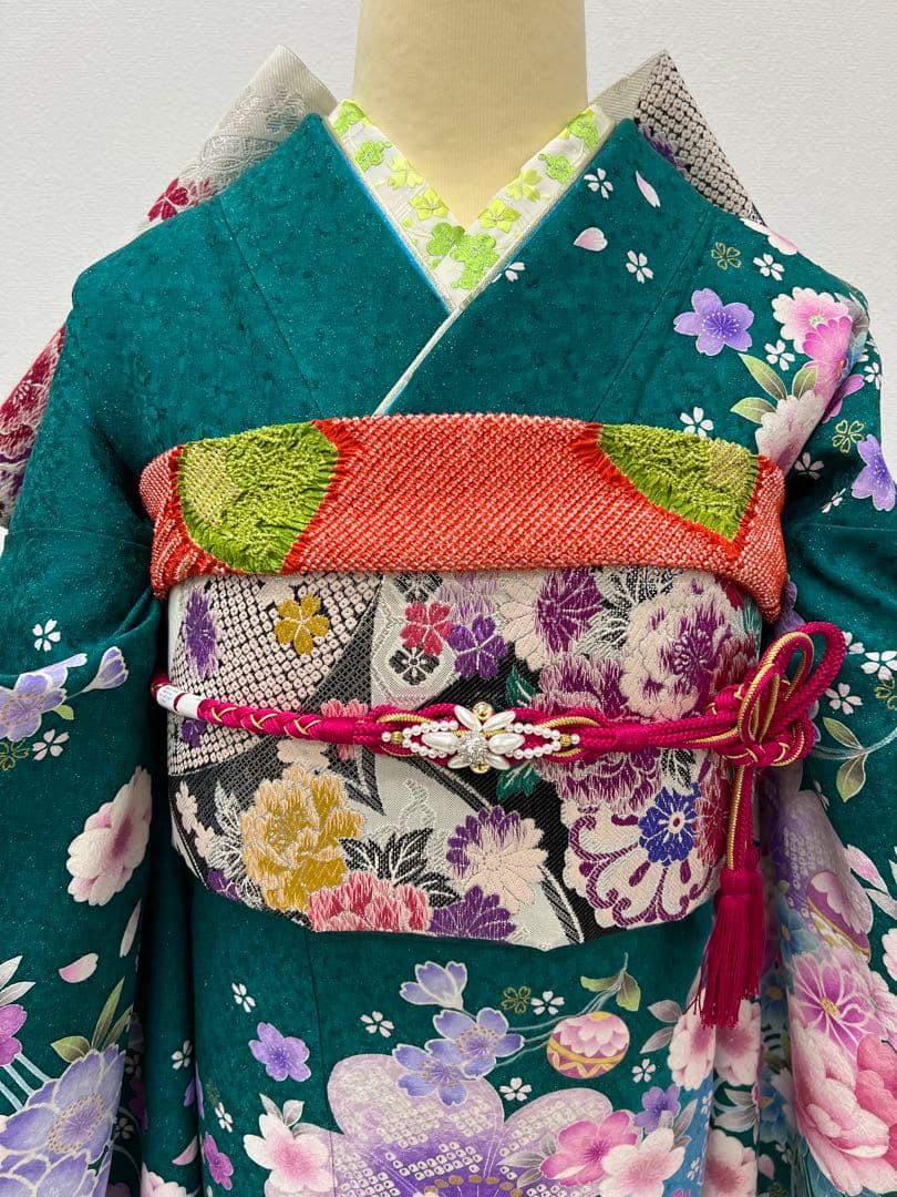 振り袖　フルセット　別誂長襦袢　成人式　エメラルド　金彩　刺繍　銀通し　766