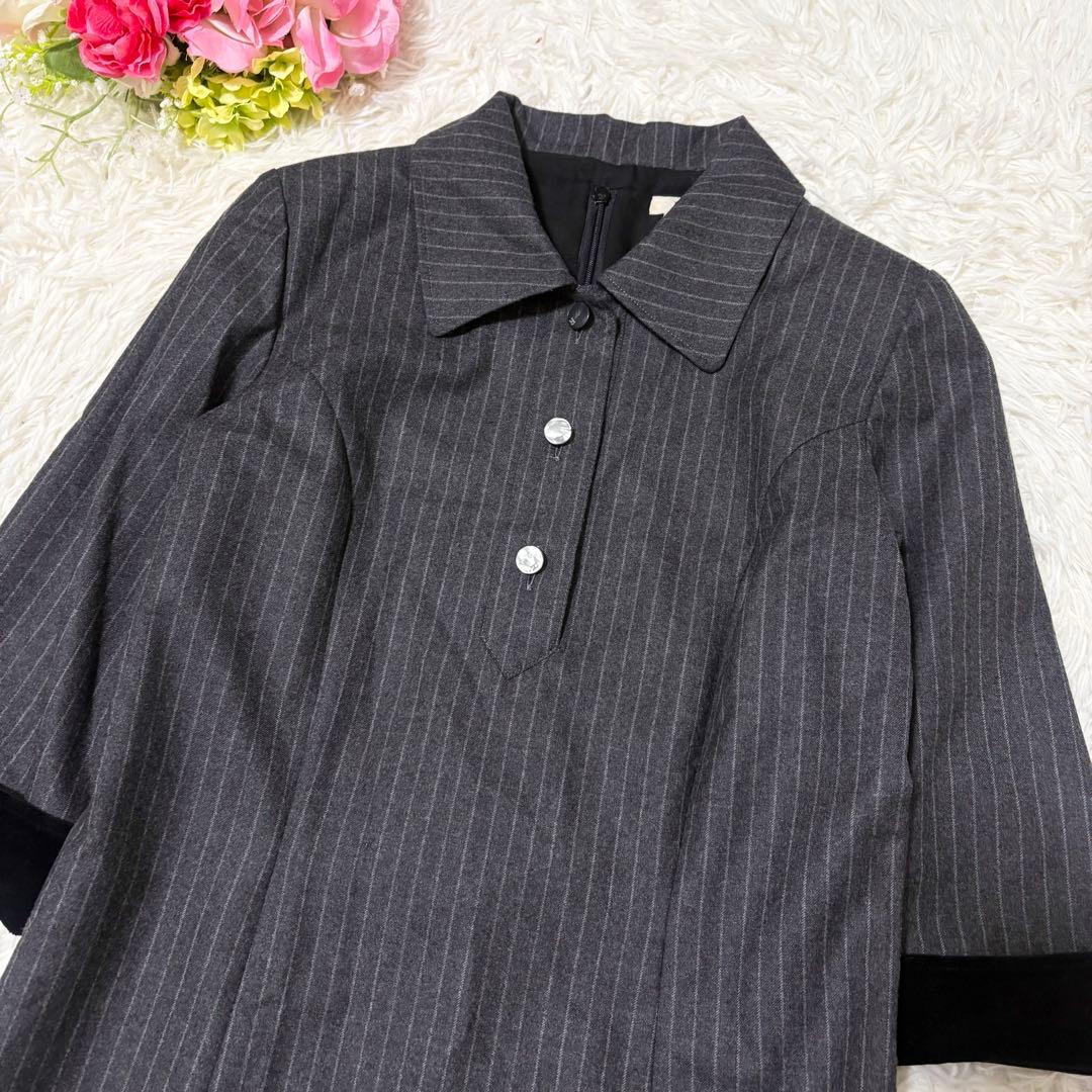 【美品】René ルネ　ウール　ストライプ　七分袖　襟付き　ワンピース　36
