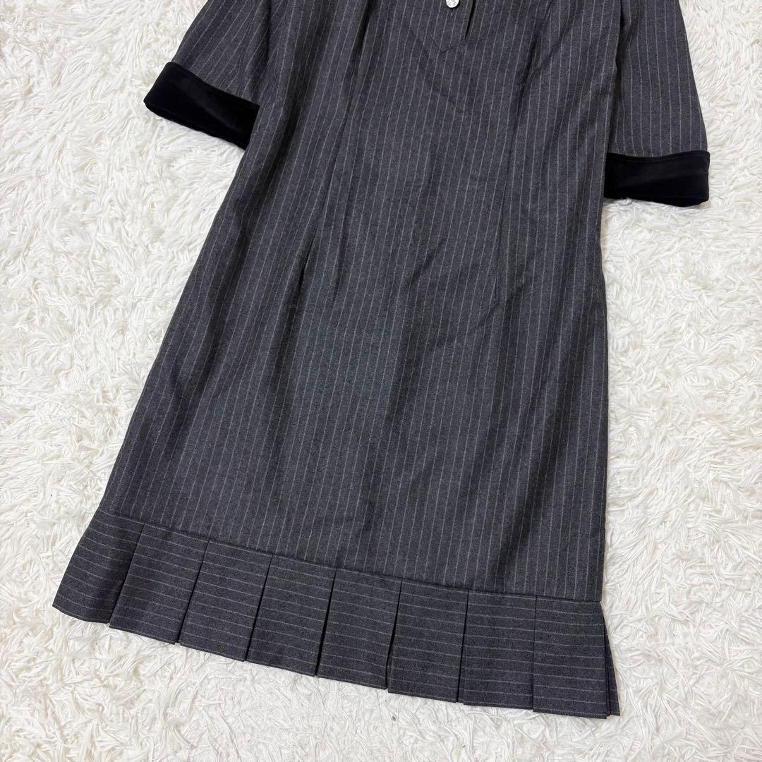 【美品】René ルネ　ウール　ストライプ　七分袖　襟付き　ワンピース　36