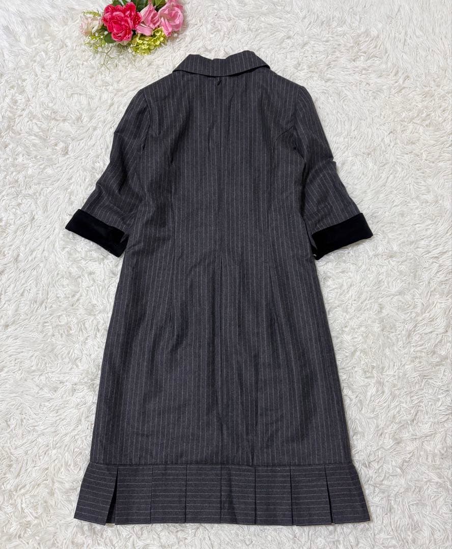 【美品】René ルネ　ウール　ストライプ　七分袖　襟付き　ワンピース　36