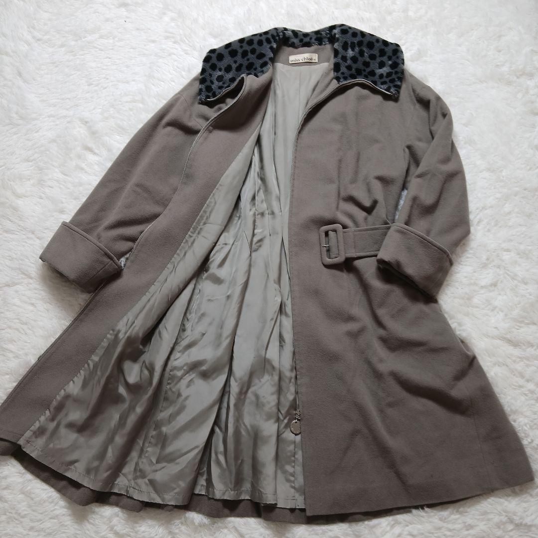 美品 ミスクロエ ヒョウ柄 ベルト付 Aライン ウールコート グレージュLサイズ