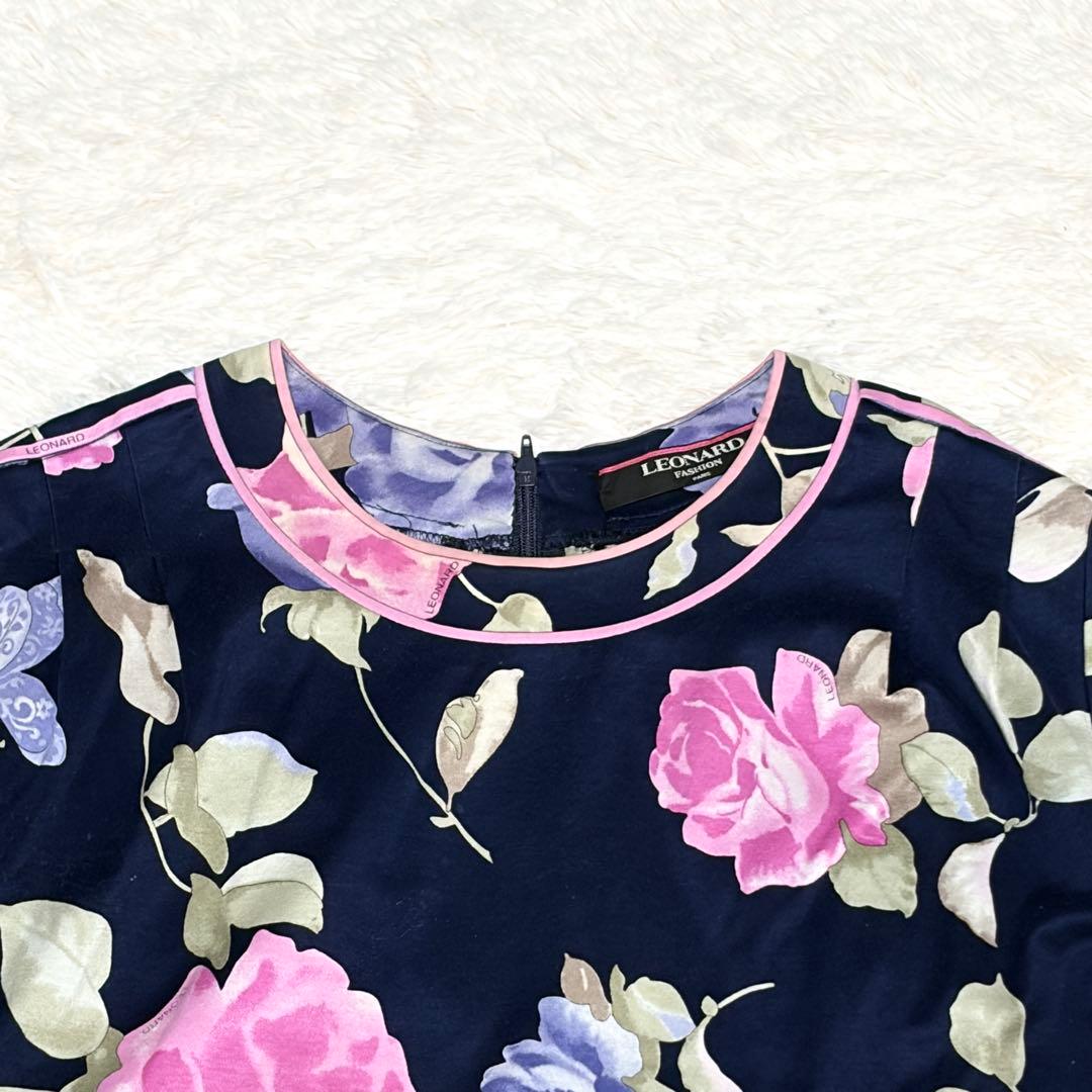 美品✨レオナール　トップス　半袖　花柄　ボタニカル　トリム　ピンク　ネイビー　M