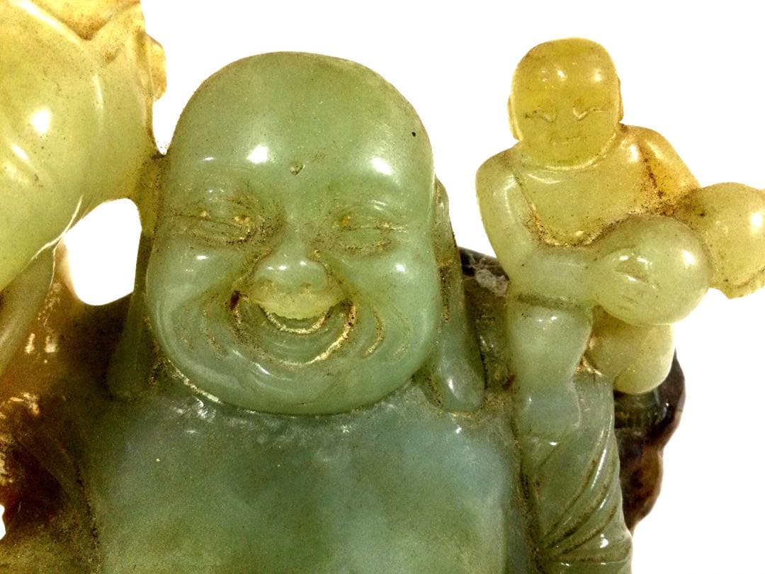 玉石彫刻 布袋像 岫玉 中国美術 台付 箱付 M