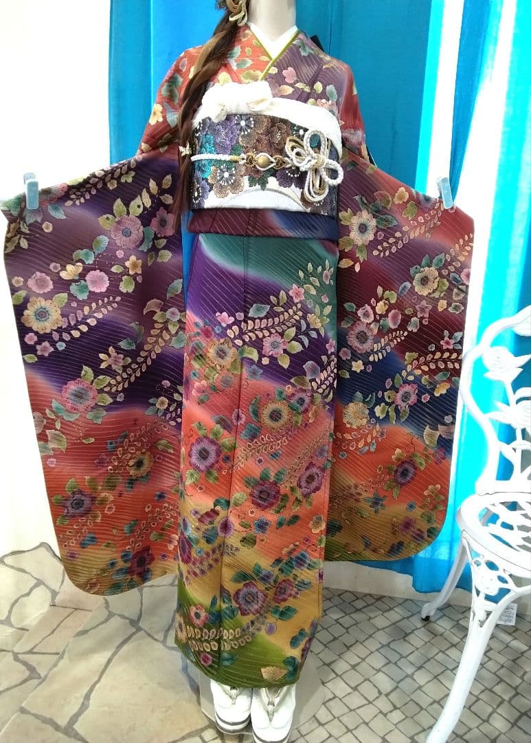 振袖フルセット、友禅金彩染め分け辻が花、落款、重ね衿帯揚げ帯締め、西陣袋帯、襦袢