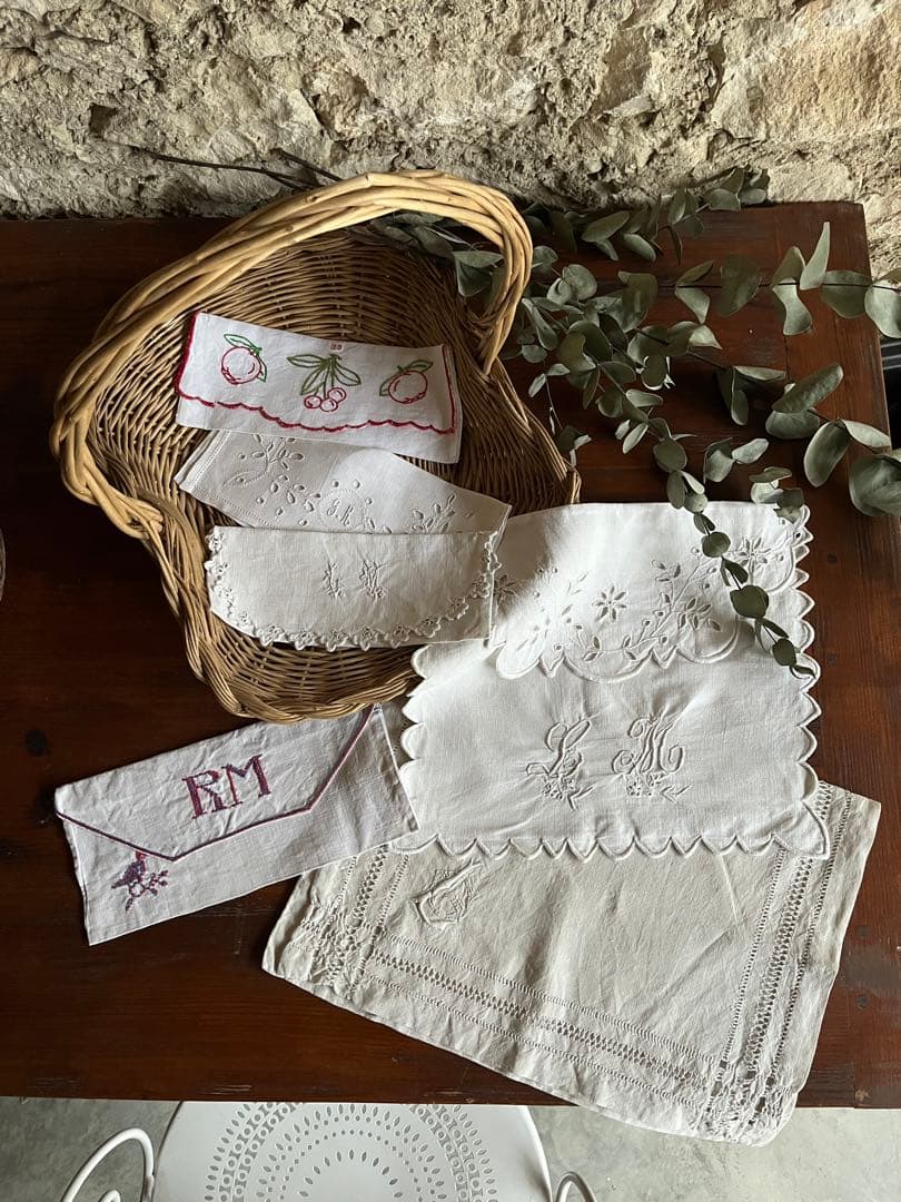 ◆フランスアンティーク｜大きな布ポーチAイニシャル刺繍リネン麻手作り花ボタニカル