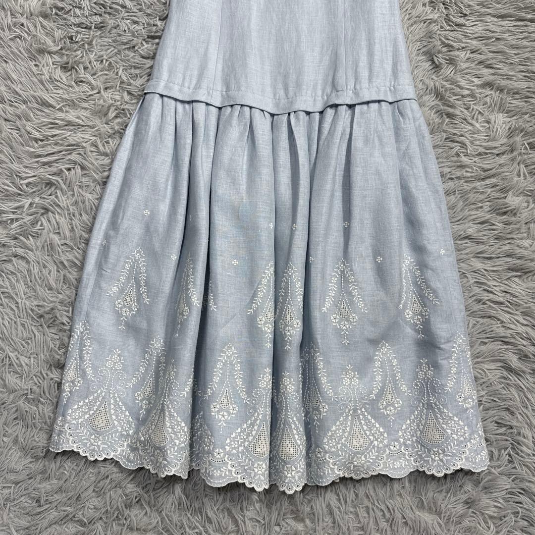 美品✨フォクシー リネン100 刺繍ワンピースドレス ふんわり Aライン ブルー